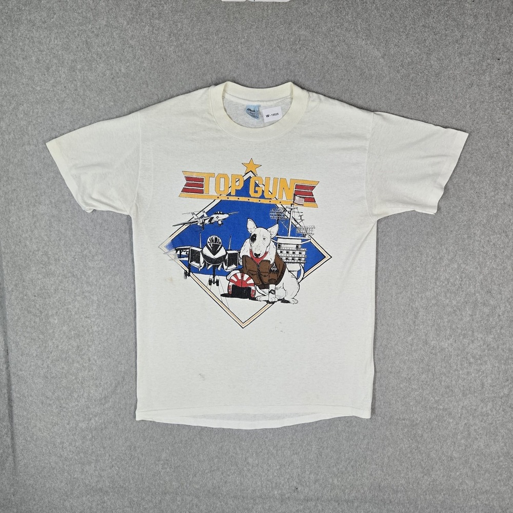 VINTAGE Top Gun Men Shirt L White Movie Spuds Promo 80s Single Stitch USA READ